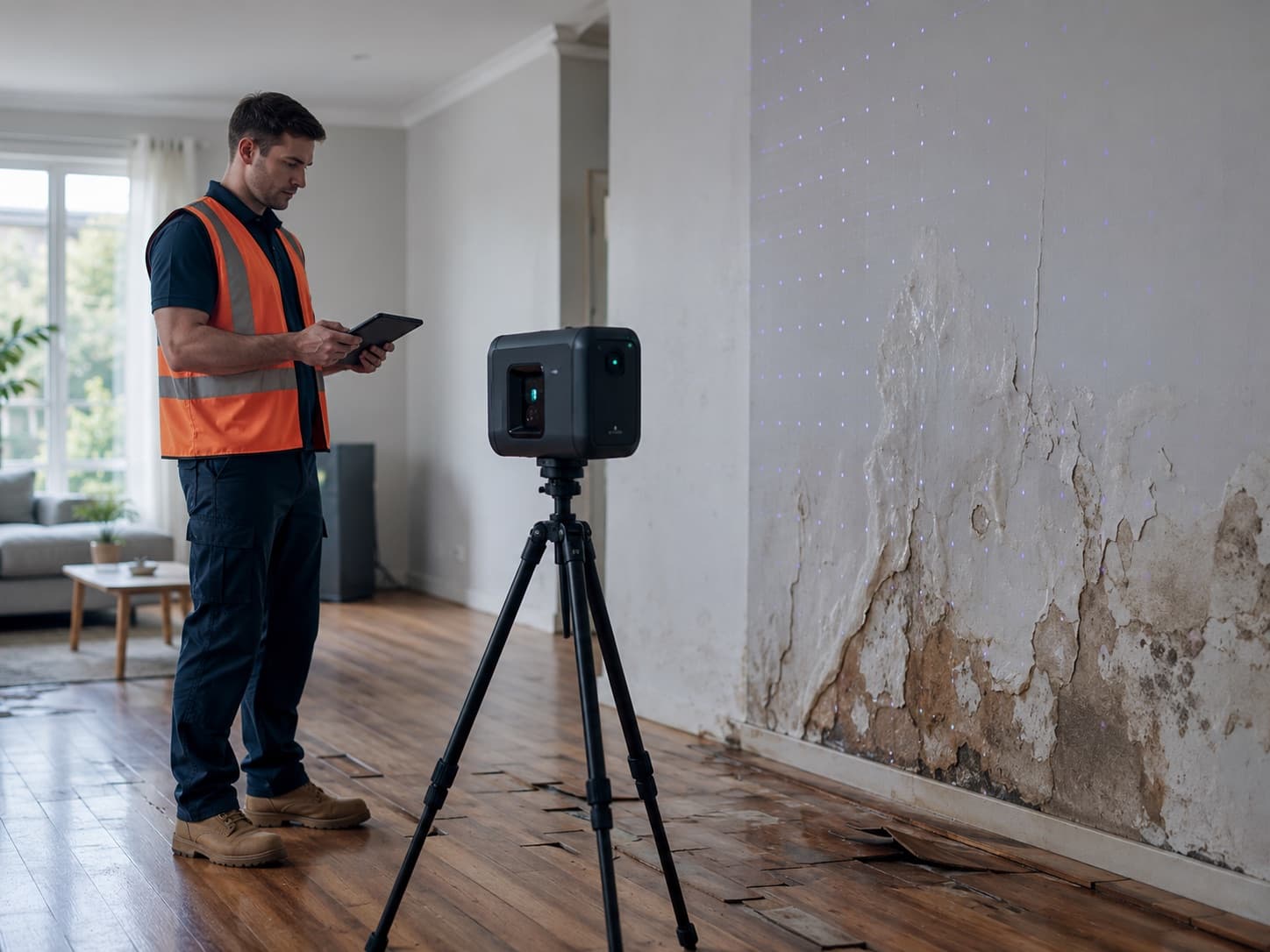 An operator in a hi-vis vest checks a tablet beside a tripod-mounted 3D scanner in a bright living room with a water-damaged wall