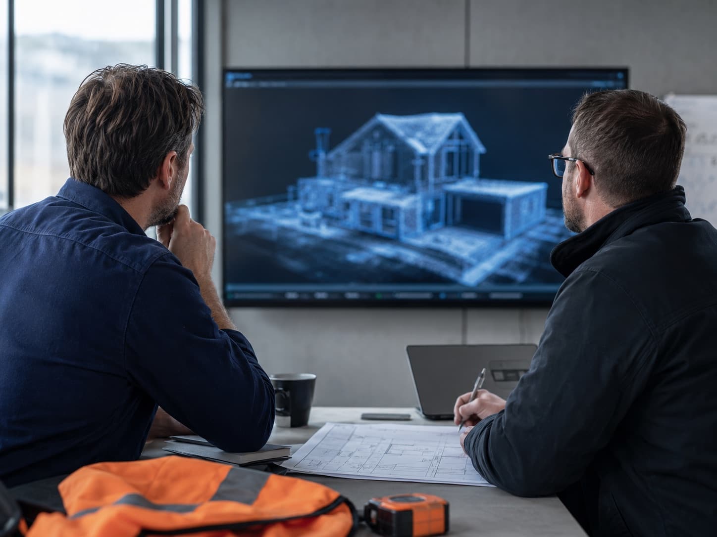 A builder and an assessor review a blue 3D scan model of a house together on a large wall screen